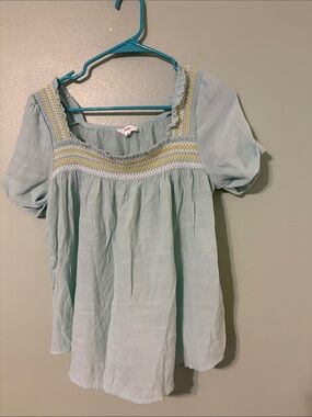 mine Light Blue Smocked Square-Neck Blouse with Yellow Detail
